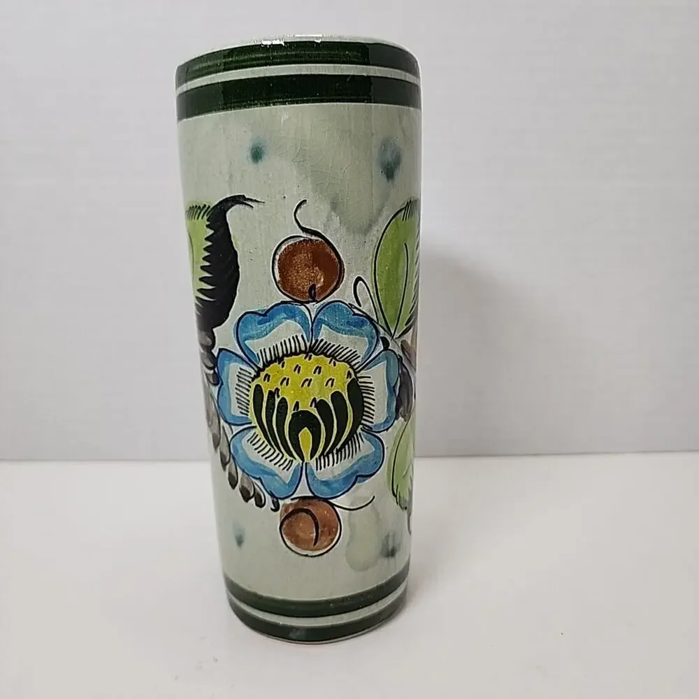 Vtg Hand Painted Mexican Pottery Tonala Floral 6.5